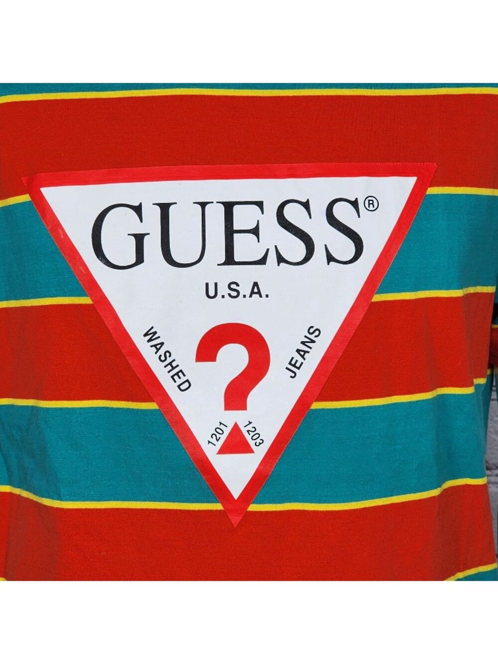 Guess Logo Orange/Green Striped T-Shirt, Men's Medium